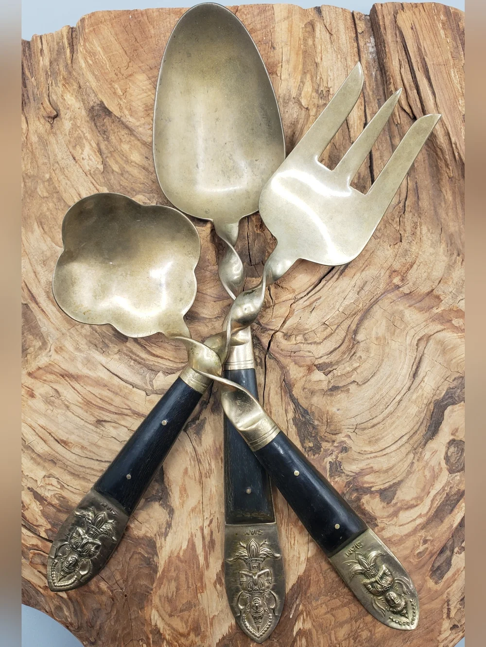 3p Brass Serving Set w/Twisted Details & Dark Wood Handles -Vintage Siam Buddha